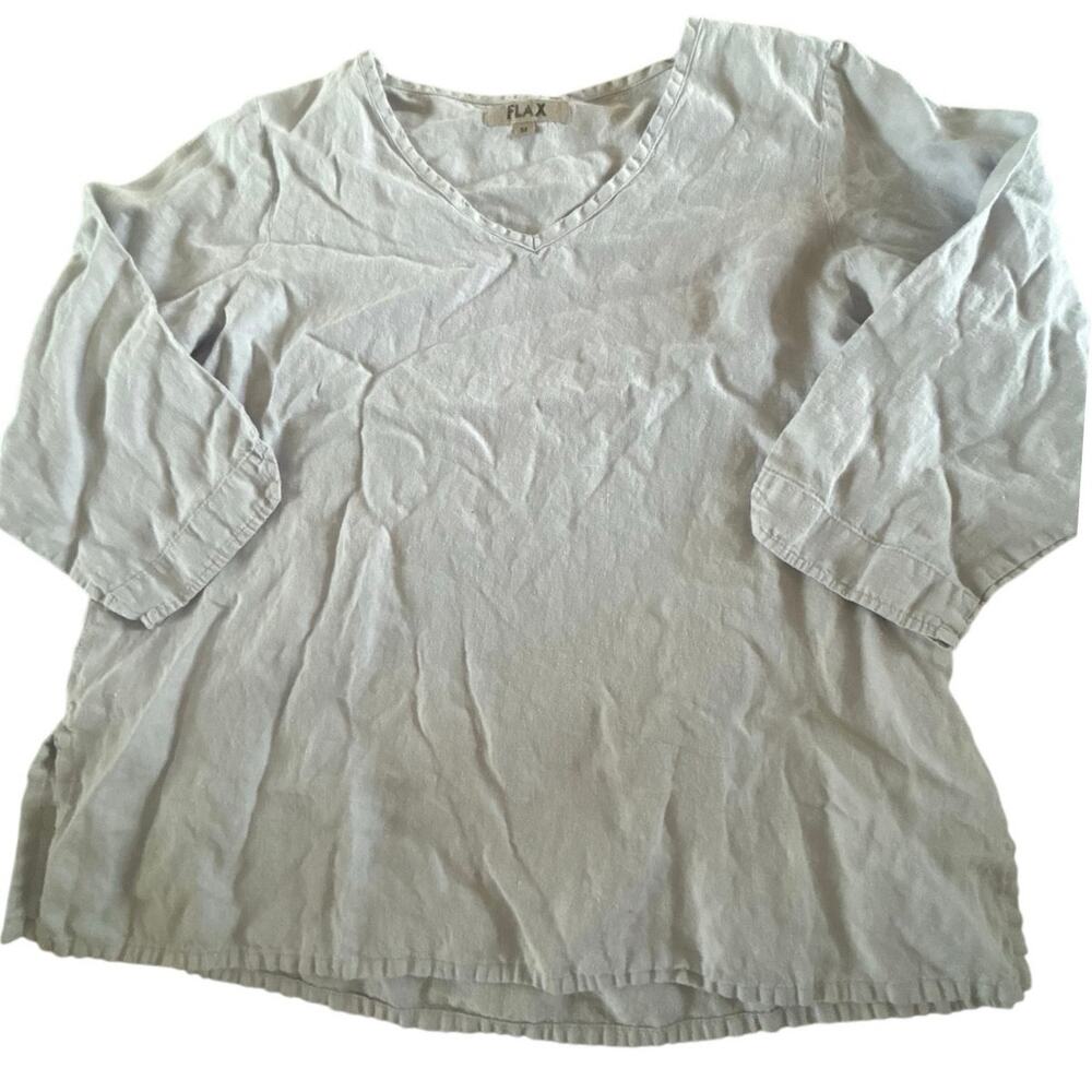 FLAX Women’s Medium 100% Linen V Neck 3/4 Sleeve Tunic Top White Lithuania